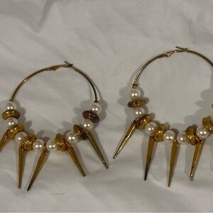 Gold and Pearl Spike Hoop Earrings